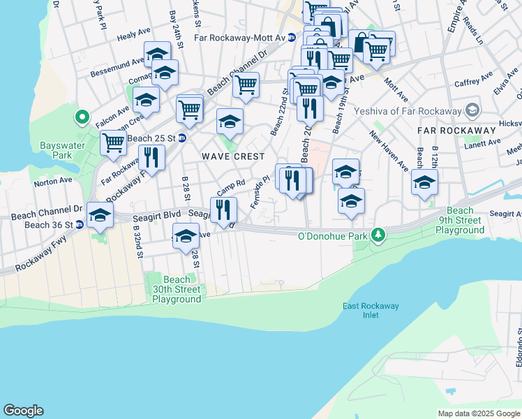 map of restaurants, bars, coffee shops, grocery stores, and more near 20-42 Seagirt Boulevard in Queens