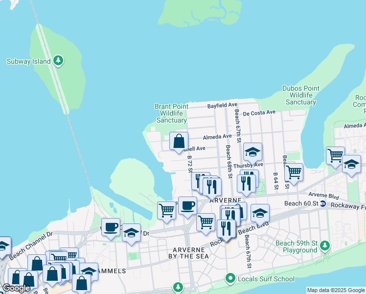 map of restaurants, bars, coffee shops, grocery stores, and more near 72-09 Burchell Avenue in Queens
