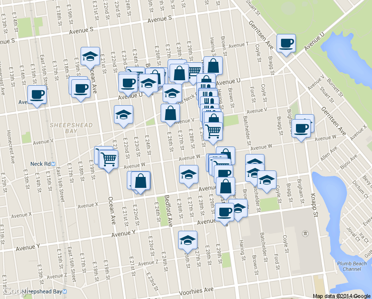 map of restaurants, bars, coffee shops, grocery stores, and more near 2280 East 27th Street in Brooklyn