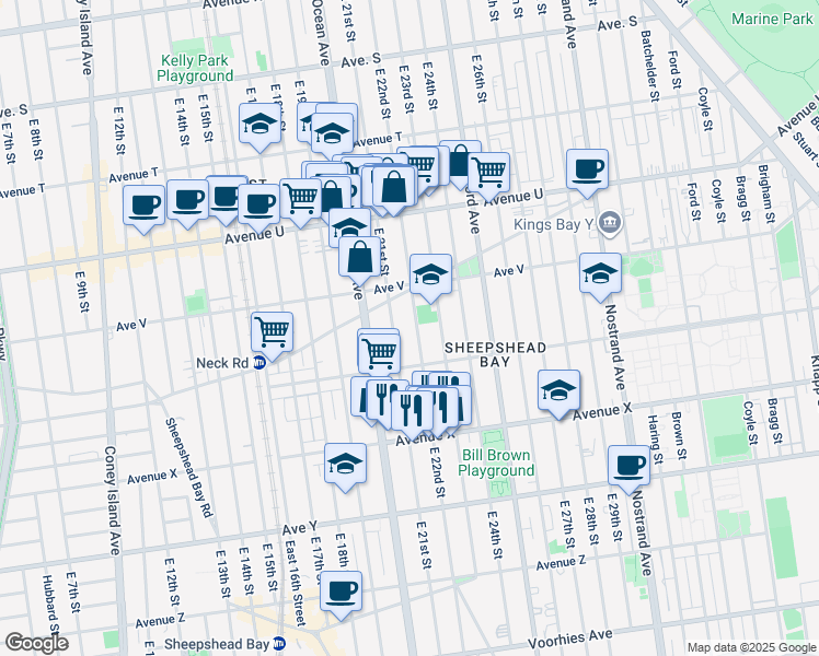 map of restaurants, bars, coffee shops, grocery stores, and more near 2261 East 22nd Street in Brooklyn