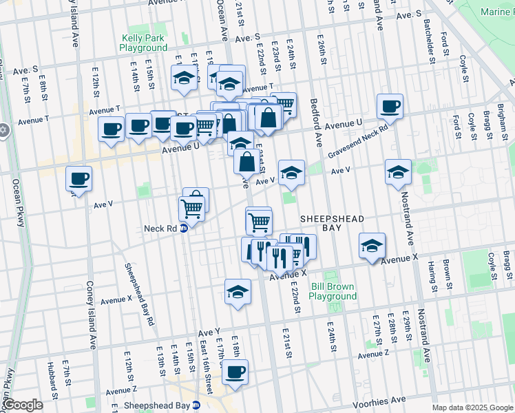 map of restaurants, bars, coffee shops, grocery stores, and more near 2314 East 21st Street in Brooklyn
