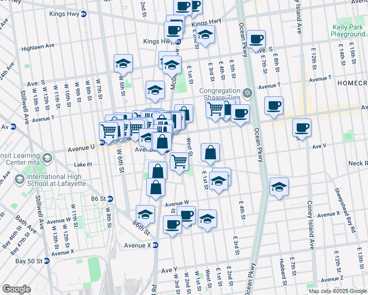 map of restaurants, bars, coffee shops, grocery stores, and more near 2299 McDonald Avenue in Brooklyn