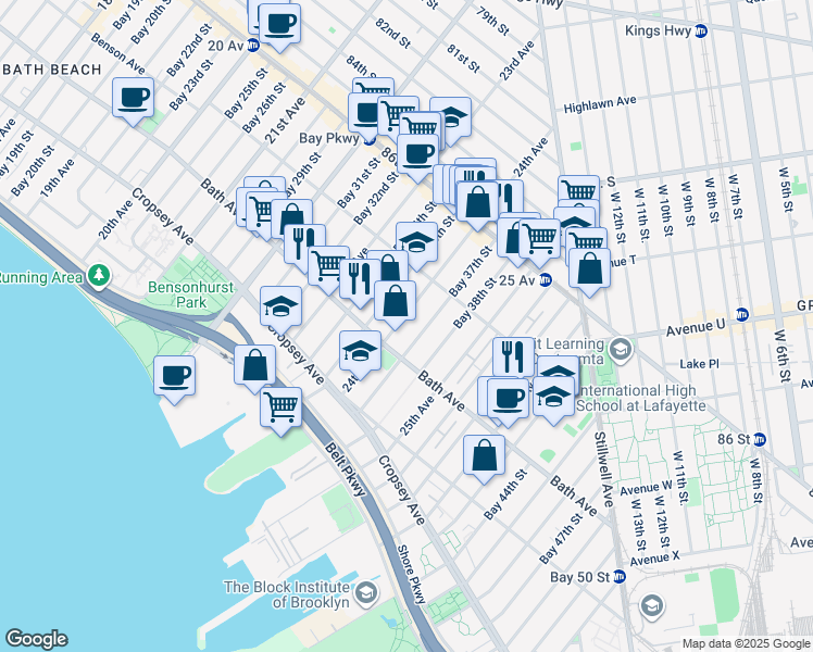 map of restaurants, bars, coffee shops, grocery stores, and more near 152 Bay 37th Street in Brooklyn