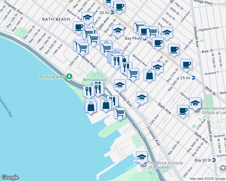map of restaurants, bars, coffee shops, grocery stores, and more near 2230 Cropsey Avenue in Brooklyn