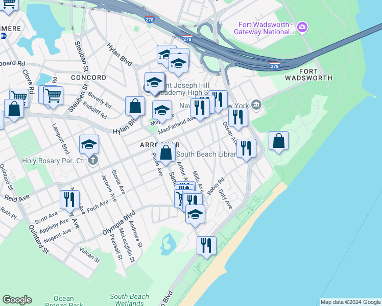 map of restaurants, bars, coffee shops, grocery stores, and more near 169 Cedar Avenue in Staten Island