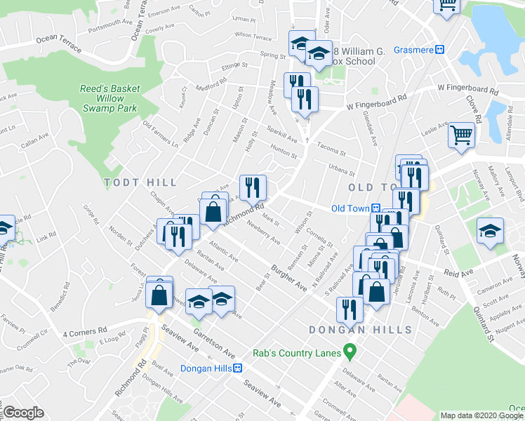 map of restaurants, bars, coffee shops, grocery stores, and more near 12 Whitaker Place in Staten Island