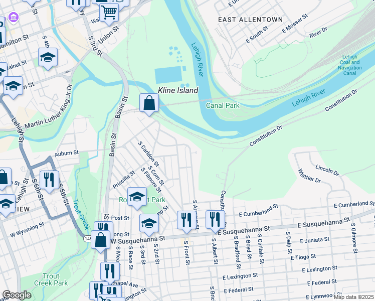 map of restaurants, bars, coffee shops, grocery stores, and more near 714 South Armour Street in Allentown