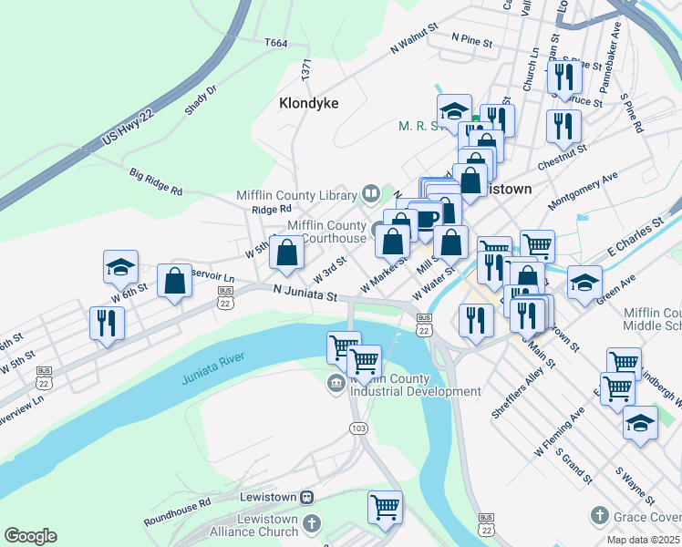 map of restaurants, bars, coffee shops, grocery stores, and more near 218 West 3rd Street in Lewistown