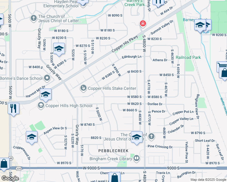 map of restaurants, bars, coffee shops, grocery stores, and more near 4983 Sallybrooke Way in West Jordan