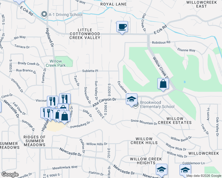 map of restaurants, bars, coffee shops, grocery stores, and more near 8531 South Treasure Mountain Circle in Sandy