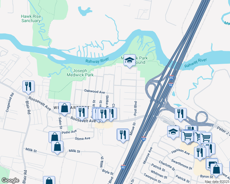 map of restaurants, bars, coffee shops, grocery stores, and more near 70 George Street in Carteret