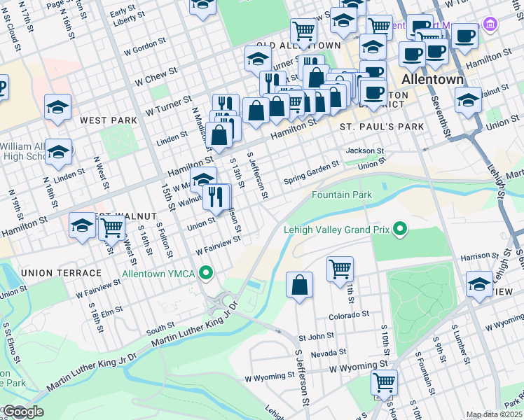 map of restaurants, bars, coffee shops, grocery stores, and more near 1246 W Union St in Allentown