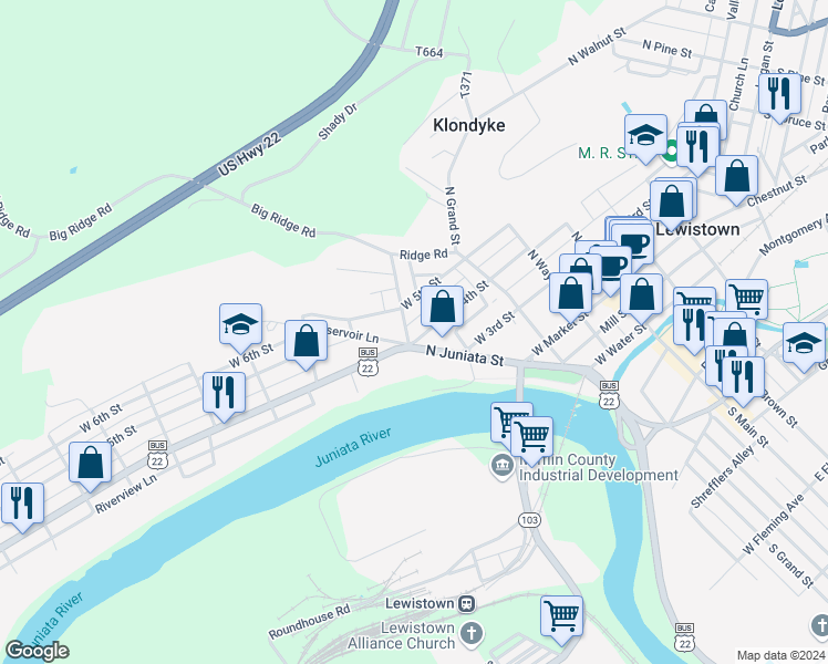 map of restaurants, bars, coffee shops, grocery stores, and more near 193 West 4th Street in Lewistown
