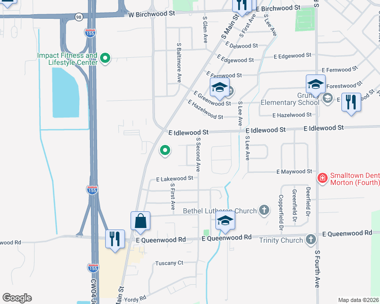 map of restaurants, bars, coffee shops, grocery stores, and more near 198 East Jadewood Street in Morton