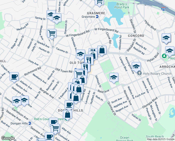 map of restaurants, bars, coffee shops, grocery stores, and more near 1320 Hylan Boulevard in Staten Island