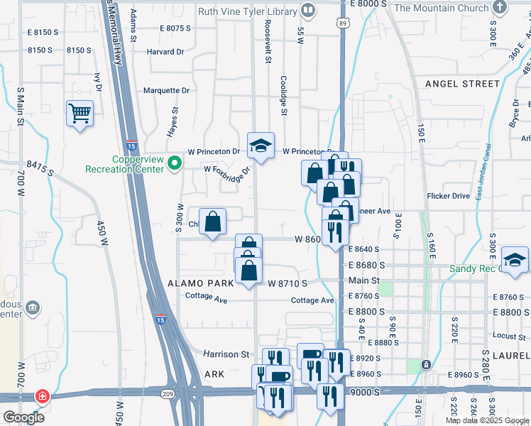 map of restaurants, bars, coffee shops, grocery stores, and more near 129 West Settlement Circle in Midvale