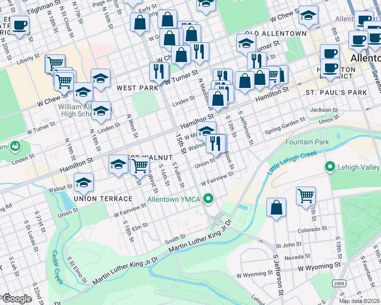 map of restaurants, bars, coffee shops, grocery stores, and more near 1440 Walnut Street in Allentown