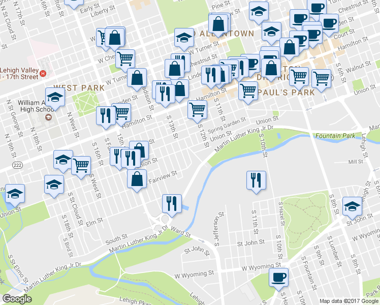 map of restaurants, bars, coffee shops, grocery stores, and more near 1246 W Union St in Allentown