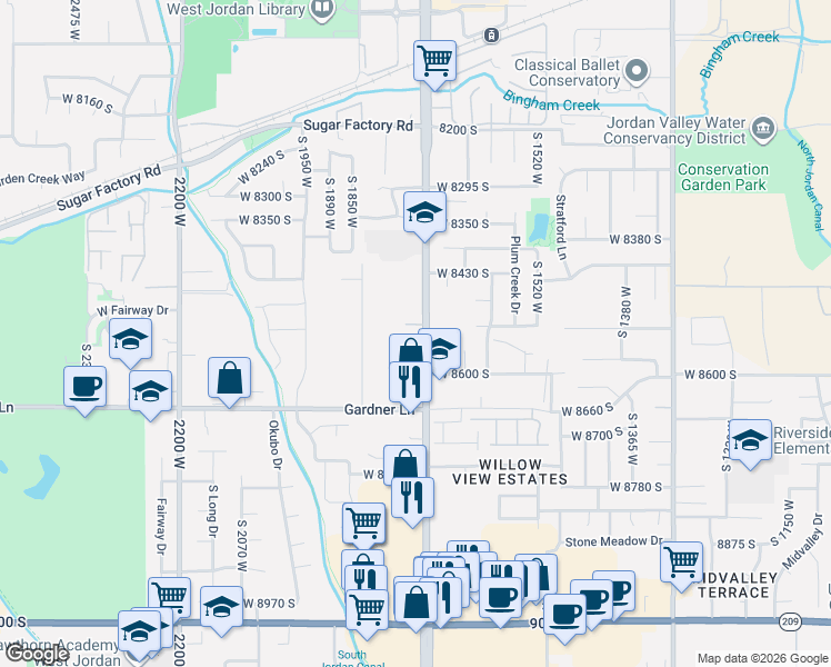 map of restaurants, bars, coffee shops, grocery stores, and more near 8558 South Redwood Road in West Jordan