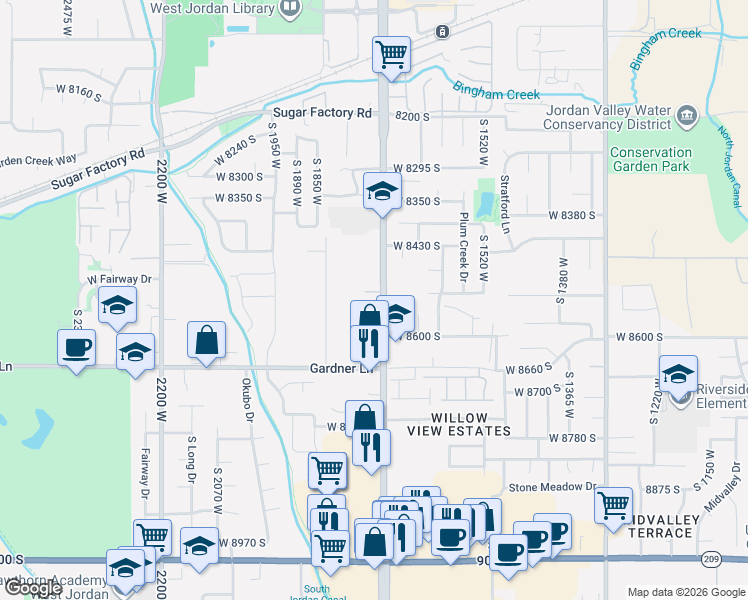 map of restaurants, bars, coffee shops, grocery stores, and more near 8534 South Redwood Road in West Jordan