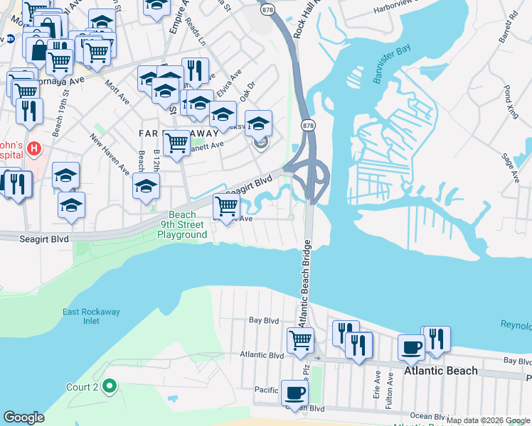 map of restaurants, bars, coffee shops, grocery stores, and more near 4-11 Seagirt Avenue in Queens