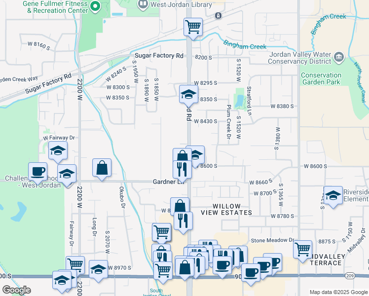 map of restaurants, bars, coffee shops, grocery stores, and more near 8534 South Redwood Road in West Jordan