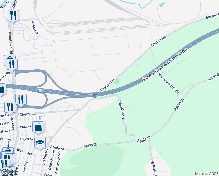 map of restaurants, bars, coffee shops, grocery stores, and more near 2118 Easton Road in Bethlehem