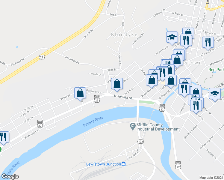 map of restaurants, bars, coffee shops, grocery stores, and more near 181 West 4th Street in Lewistown