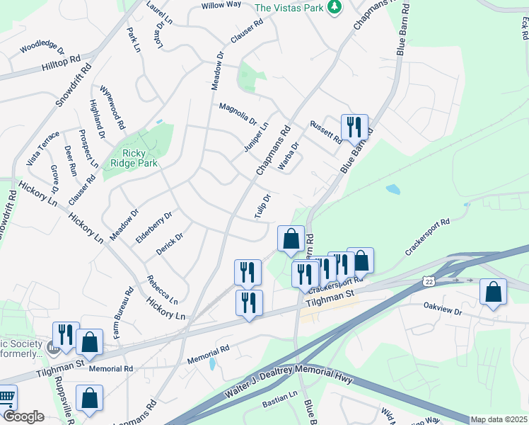 map of restaurants, bars, coffee shops, grocery stores, and more near 5726 Tulip Drive in Allentown
