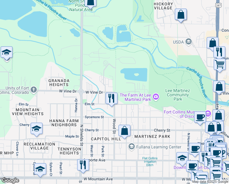 map of restaurants, bars, coffee shops, grocery stores, and more near 701 Wood Street in Fort Collins