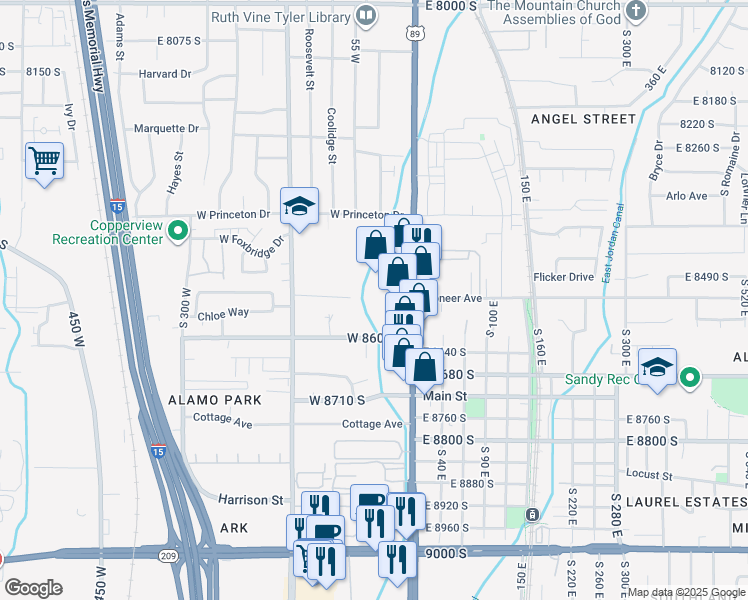 map of restaurants, bars, coffee shops, grocery stores, and more near 8510 South State Street in Midvale