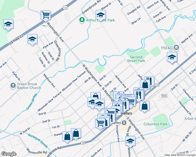 map of restaurants, bars, coffee shops, grocery stores, and more near 608 North Washington Avenue in Dunellen