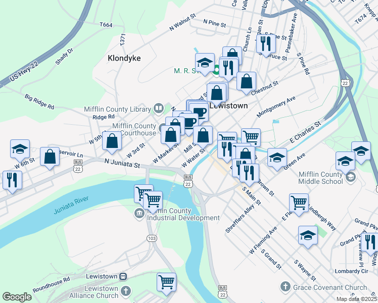 map of restaurants, bars, coffee shops, grocery stores, and more near Lawler Place in Lewistown
