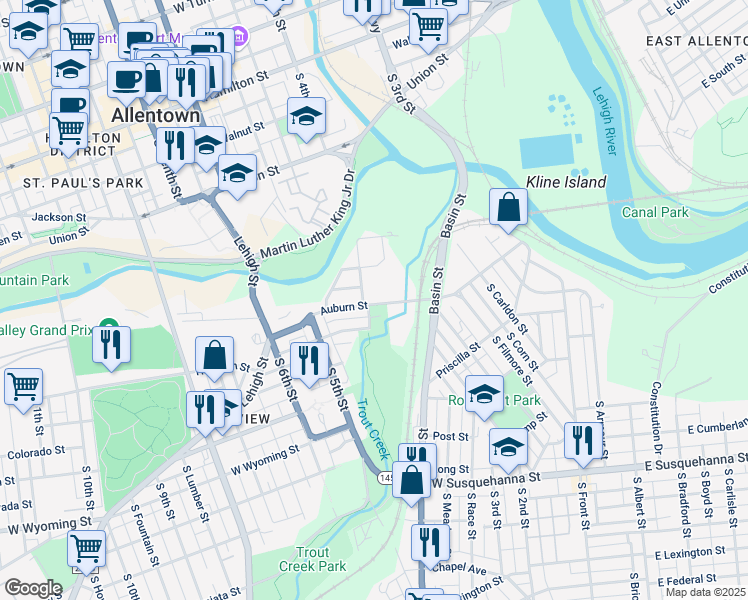 map of restaurants, bars, coffee shops, grocery stores, and more near 398 Auburn Street in Allentown