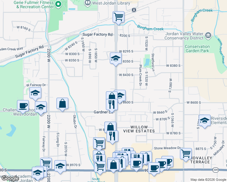 map of restaurants, bars, coffee shops, grocery stores, and more near 8558 South Redwood Road in West Jordan