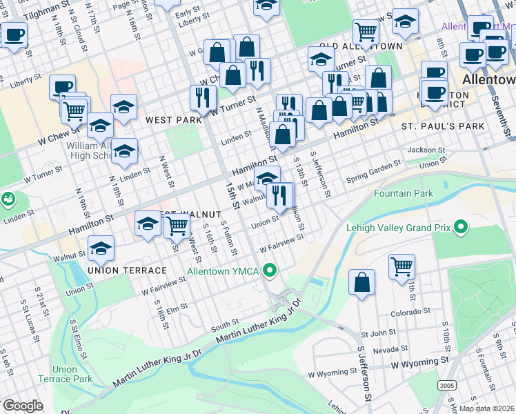 map of restaurants, bars, coffee shops, grocery stores, and more near 1426 West Walnut Street in Allentown