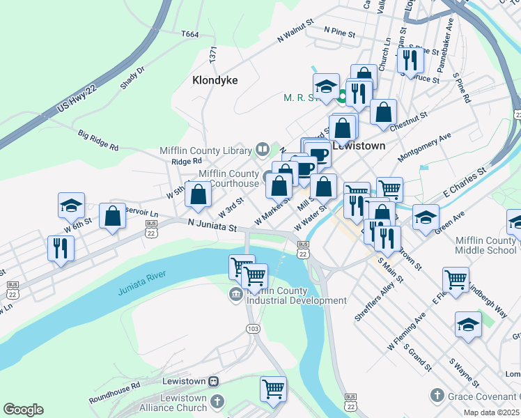 map of restaurants, bars, coffee shops, grocery stores, and more near 3 North Grand Street in Lewistown