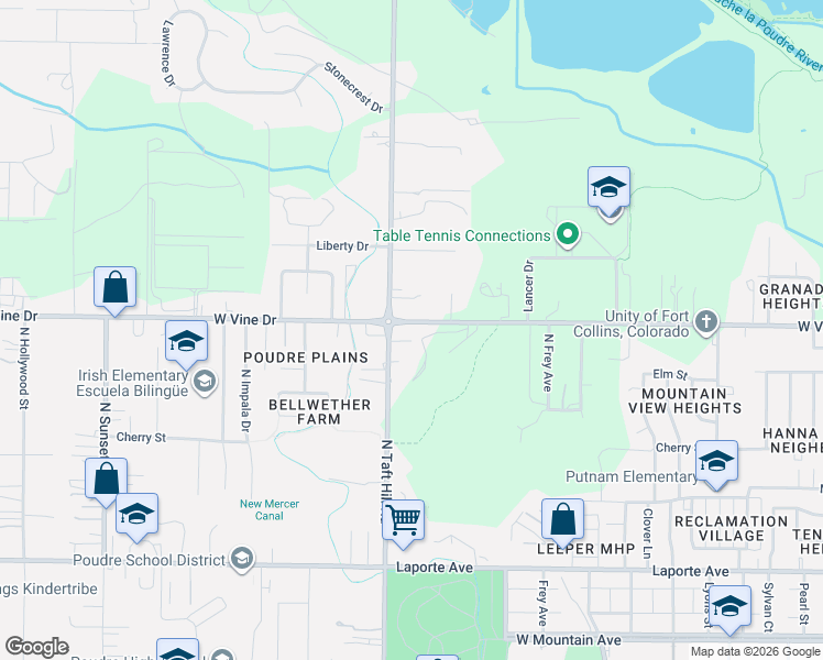 map of restaurants, bars, coffee shops, grocery stores, and more near 2025 West Vine Drive in Fort Collins
