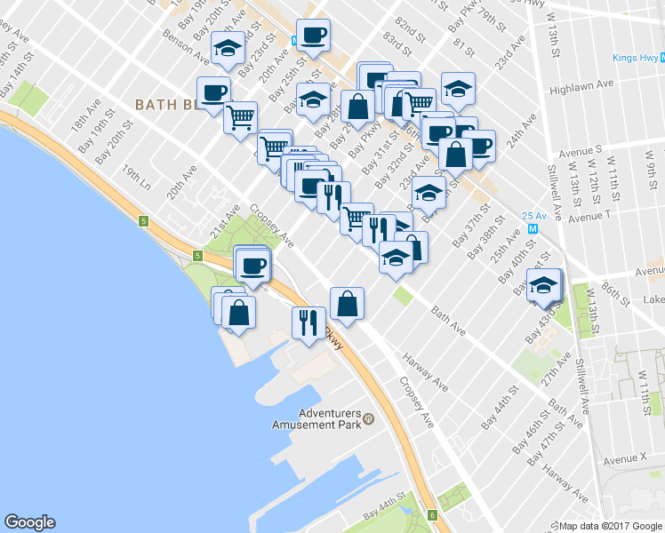 map of restaurants, bars, coffee shops, grocery stores, and more near 8824 23rd Avenue in Brooklyn