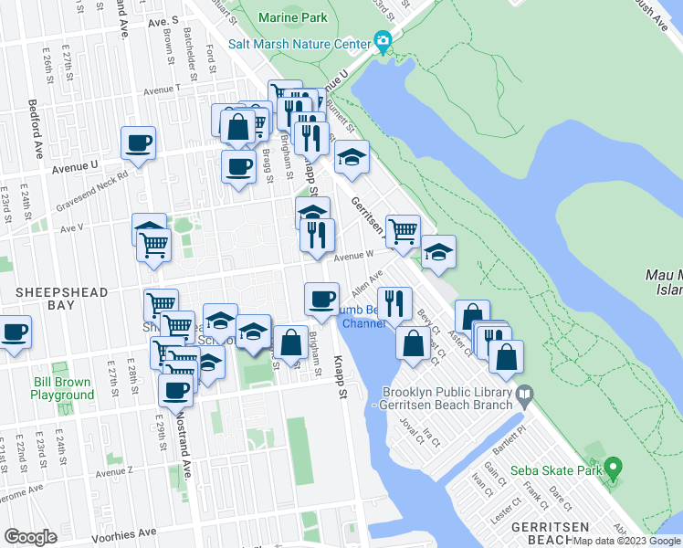 map of restaurants, bars, coffee shops, grocery stores, and more near 2335 Plumb 1st Street in Brooklyn