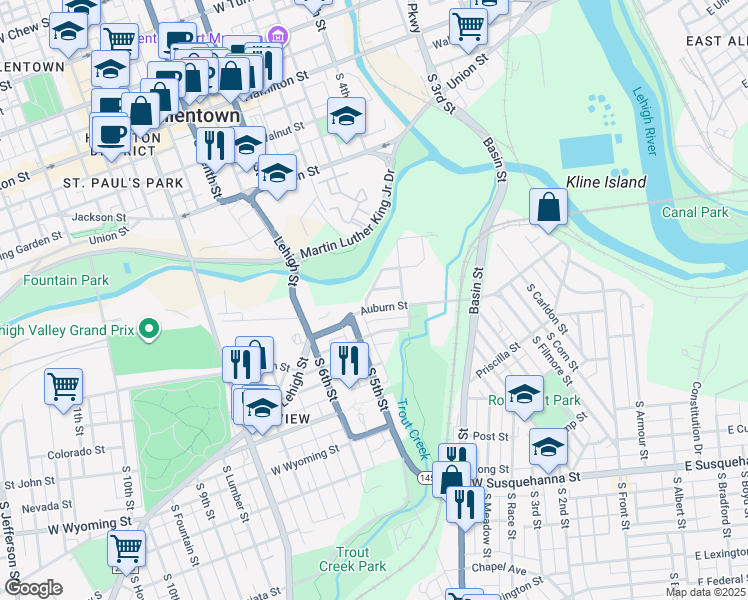 map of restaurants, bars, coffee shops, grocery stores, and more near 427 Auburn Street in Allentown