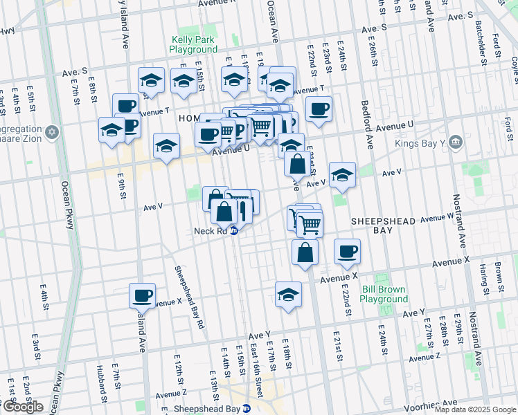 map of restaurants, bars, coffee shops, grocery stores, and more near 2222 East 18th Street in Brooklyn
