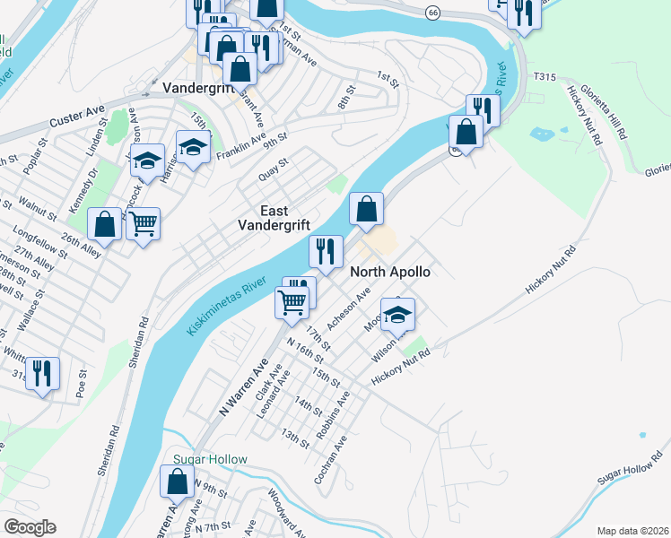 map of restaurants, bars, coffee shops, grocery stores, and more near 1802 River Road in Apollo