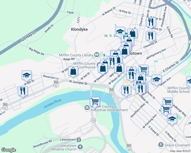 map of restaurants, bars, coffee shops, grocery stores, and more near 3 North Grand Street in Lewistown