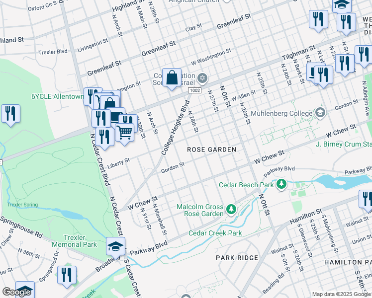 map of restaurants, bars, coffee shops, grocery stores, and more near 413 North Main Street in Allentown