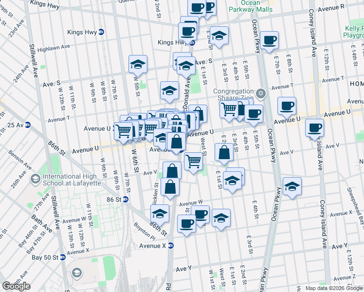 map of restaurants, bars, coffee shops, grocery stores, and more near 2299 McDonald Avenue in Brooklyn