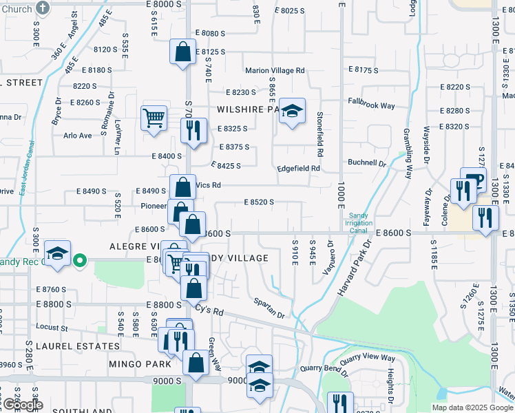 map of restaurants, bars, coffee shops, grocery stores, and more near 8534 Ray Circle in Sandy