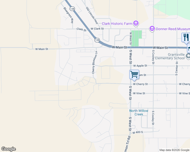 map of restaurants, bars, coffee shops, grocery stores, and more near 139 Cherry Blossom Lane in Grantsville