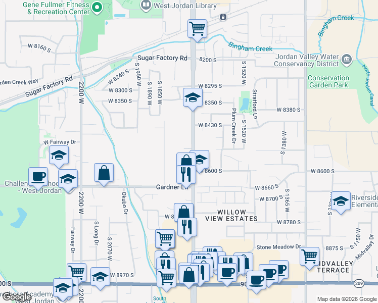 map of restaurants, bars, coffee shops, grocery stores, and more near 8558 South Redwood Road in West Jordan