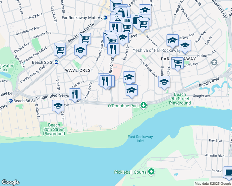 map of restaurants, bars, coffee shops, grocery stores, and more near 221 Beach 19th Street in Queens